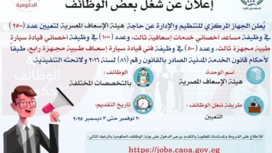 التنظيم والإدارة يُعلن عن 4000 وظيفة بهيئة الإسعاف المصرية 6 FB IMG 1762349617187