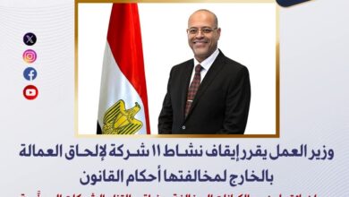 العمل : إيقاف نشاط 11 شركة لإلحاق العمالة بالخارج لمخالفتها أحكام القانون 2 FB IMG 1764674389703