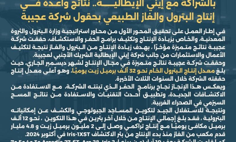 بالشراكة مع إيني الإيطالية.. نتائج واعدة في إنتاج البترول والغاز الطبيعي بحقول شركة عجيبة 1 FB IMG 1766412915075
