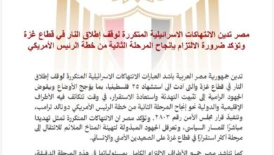 مصر تدين الانتهاكات الإسرائيلية المتكررة لوقف إطلاق النار في قطاع غزة وتؤكد ضرورة الالتزام بإنجاح المرحلة الثانية من خطة الرئيس الأمريكي 4 FB IMG 1769870733631